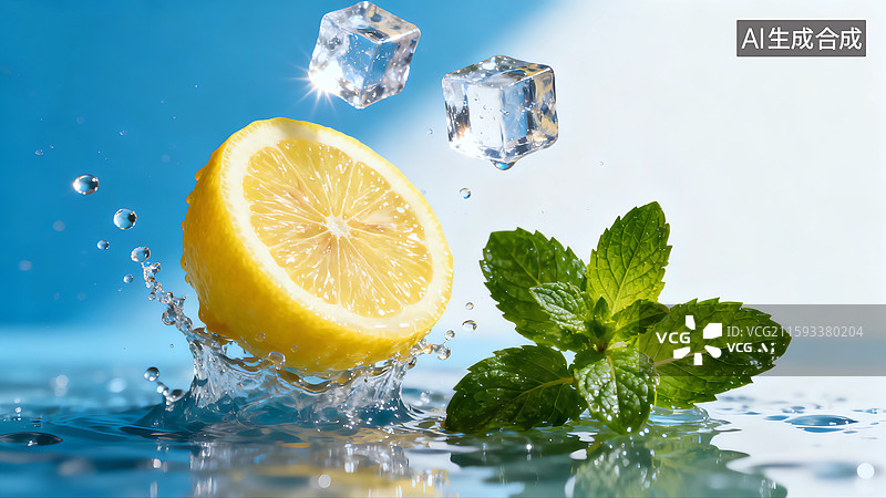 【AI数字艺术】切开的清新柠檬和冰块图片素材