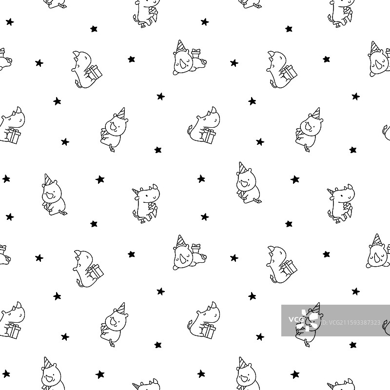 可爱卡哇伊犀牛无缝图案涂色图片素材