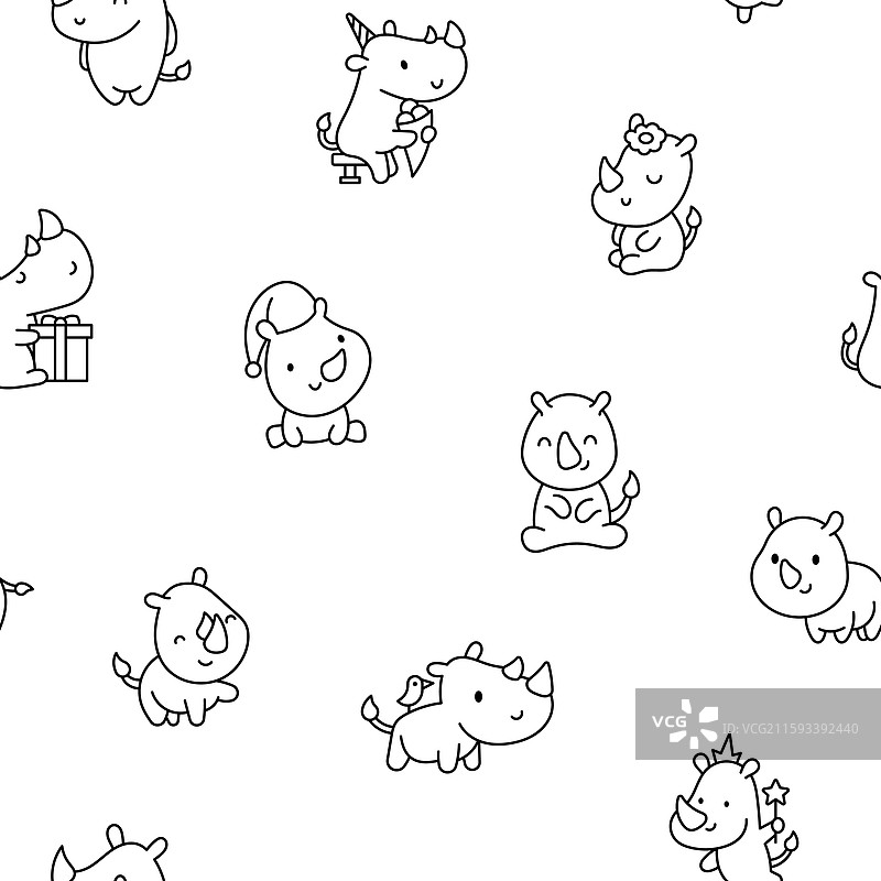 可爱卡哇伊犀牛无缝图案涂色图片素材