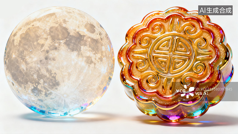 【AI数字艺术】创意中秋节月亮月饼融合设计珐琅彩琉璃艺术风格莲蓉馅漩涡图案白色背景中国传统文化元素金属光泽浮雕立体效图片素材