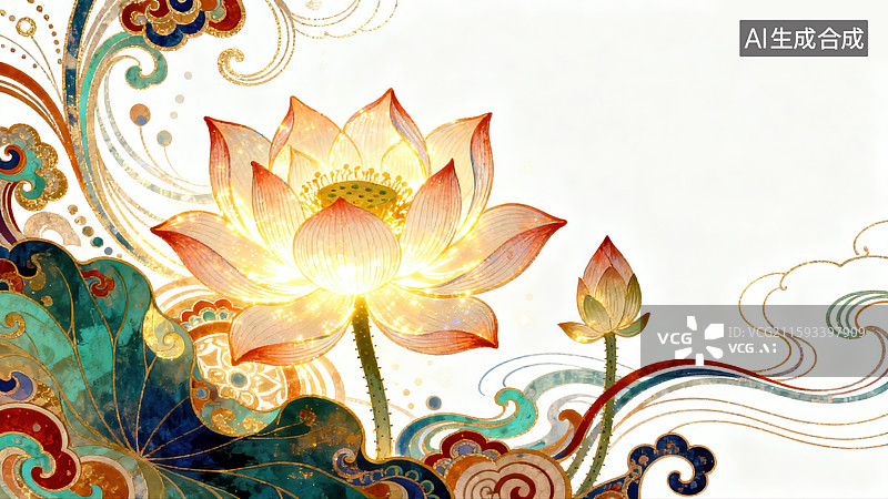 【AI数字艺术】创意传统中国中秋节荷花图案优雅流畅线条彩色敦煌装饰纹样白色背景发光花卉设计美学构图海报数字营销材料图片素材