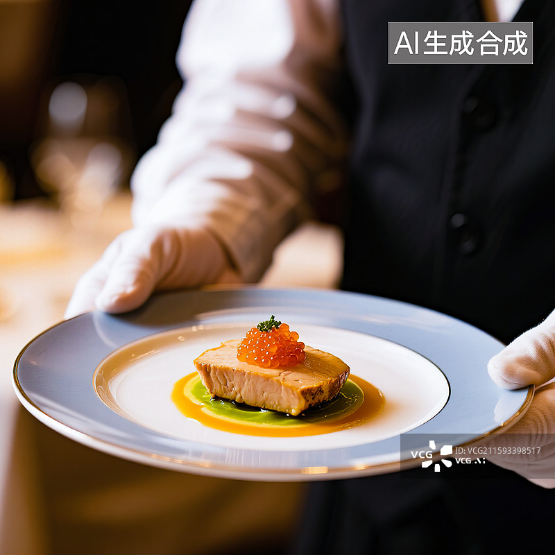 【AI数字艺术】高级西餐厅美食餐饮特写镜头服务员戴白手套穿西服正装端着盘子上菜鱼子酱鹅肝沙拉摄影私房菜精品精致摆盘图片素材