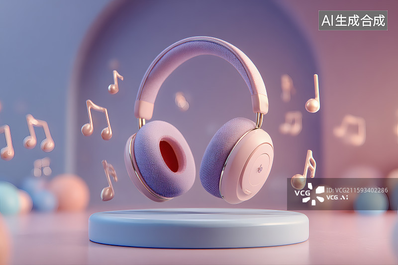 【AI数字艺术】圆形的展台，上面紫色的耳麦，跳动的音符，音乐节海报图片素材