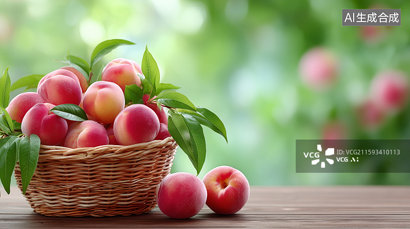 【AI数字艺术】篮中新鲜桃子与绿叶图片素材