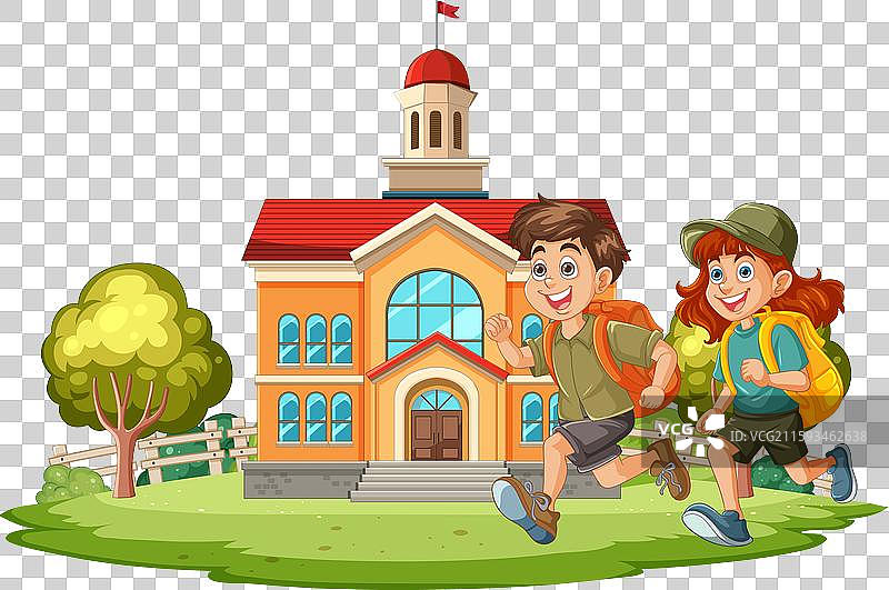 孩子们快乐地奔向学校大楼图片素材
