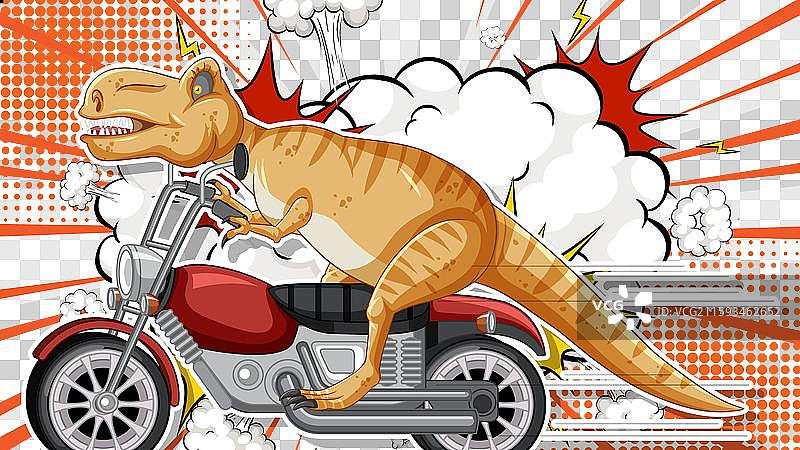 骑摩托车的霸王龙与爆炸场景图片素材