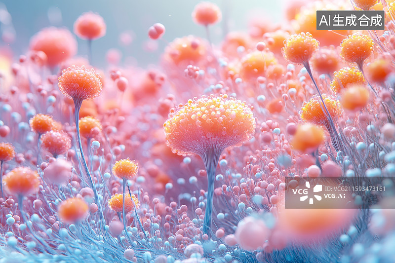 【AI数字艺术】微观世界中的橙色菌类群落图片素材