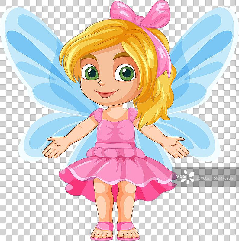 穿着粉色裙子、拥有蓝色翅膀的金发仙女图片素材