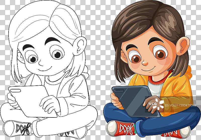 一个孩子坐着使用平板电脑图片素材