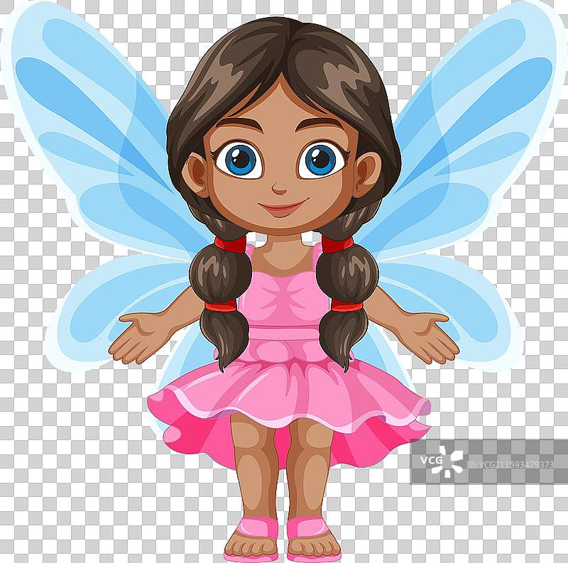微笑的仙女女孩，穿着蓝色翅膀和粉色裙子图片素材