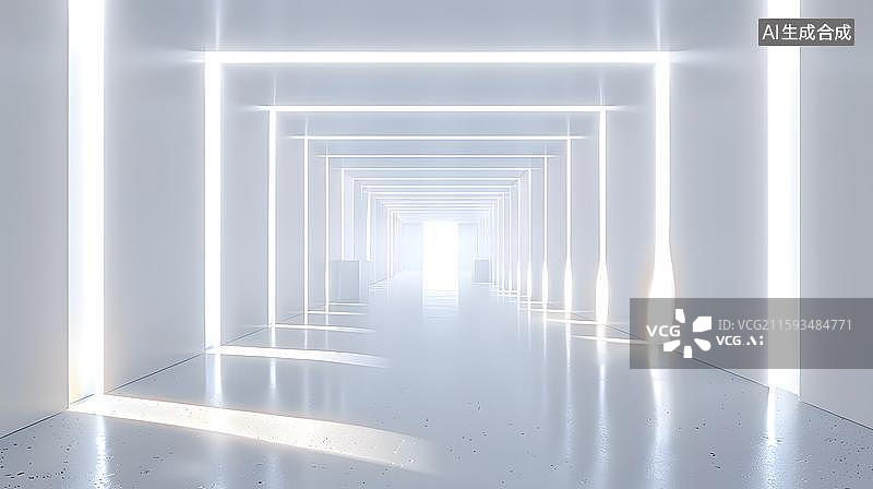 【AI数字艺术】混凝土结构的延伸感 霓虹灯光构成的未来隧道 科技感十足的无限延伸空间图片素材