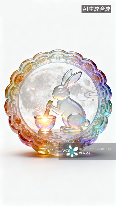 【AI数字艺术】创意中秋节月亮设计半透明玉兔侧影内置发光圆月手持药臼玉杵星点光粒琉璃月饼纹样传统文化庆祝包装插画图片素材