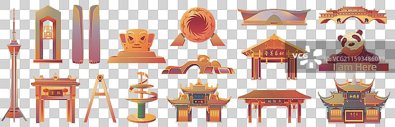 成都城市国潮风大熊猫春熙路太古里三星堆天府广场双子塔锦里杜甫草堂武侯祠青城山标志性建筑插画图片素材