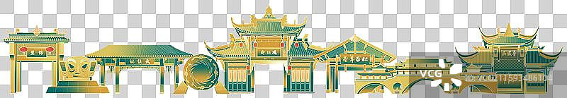 成都高楼国潮风太阳神鸟金箔三星堆锦里武侯祠都江堰青城山安顺廊桥九眼桥杜甫草堂标志性建筑插画图片素材