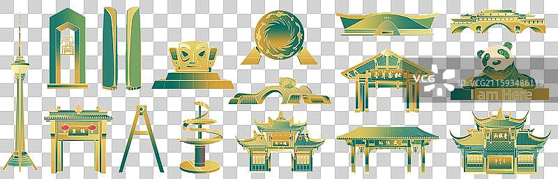 成都国潮风大熊猫春熙路太古里三星堆天府广场双子塔锦里杜甫草堂武侯祠青城山标志性建筑插画图片素材