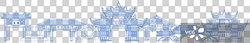 成都描边风太阳神鸟金箔三星堆锦里武侯祠都江堰青城山安顺廊桥九眼桥杜甫草堂标志性建筑插画图片素材