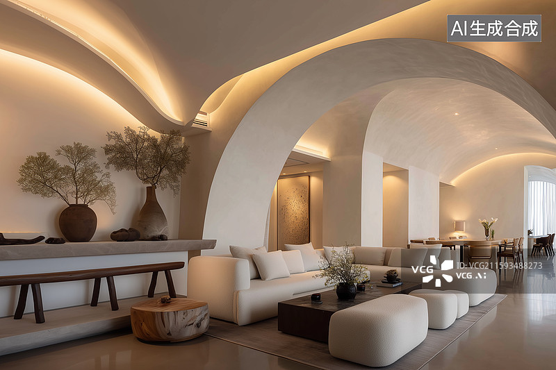 【AI数字艺术】中性色调弧形室内图片素材