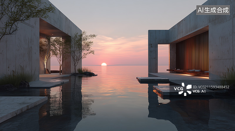 【AI数字艺术】禅意海景现代庭院图片素材