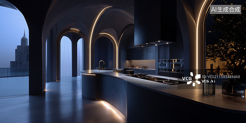 【AI数字艺术】超现代智能夜间厨房图片素材