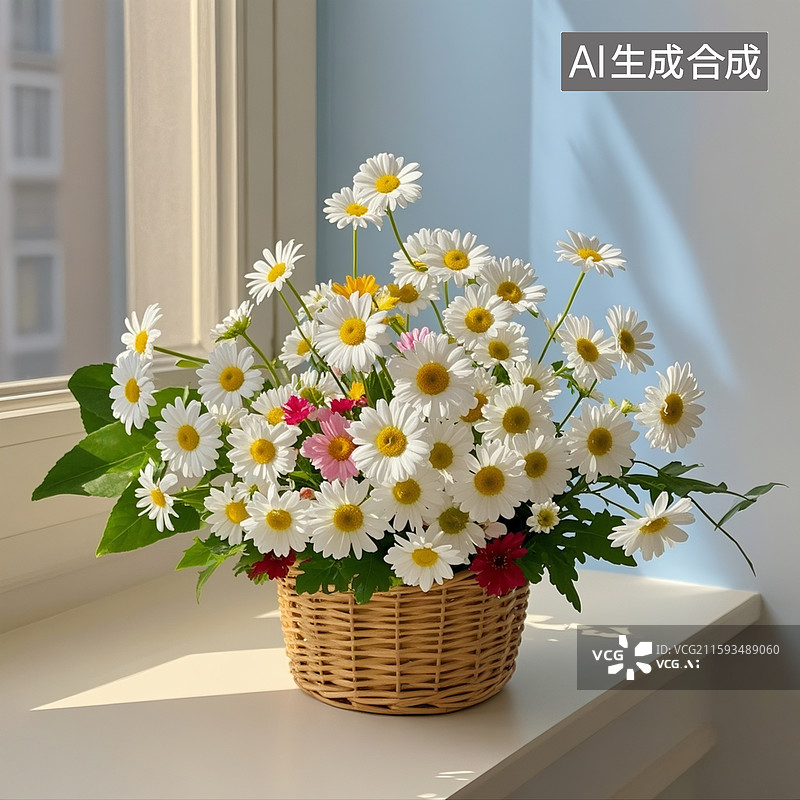 【AI数字艺术】一大束纯色的雏菊，装在编织篮里，整齐，错落有致，超高清，真实，唯美浪漫，小清新图片素材