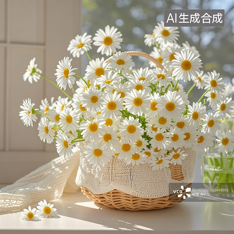 【AI数字艺术】一大束纯色的雏菊，装在编织篮里，整齐，错落有致，超高清，真实，唯美浪漫，小清新图片素材