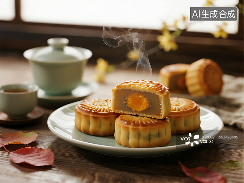 【AI数字艺术】金秋雅韵：中秋月饼与茶香图片素材