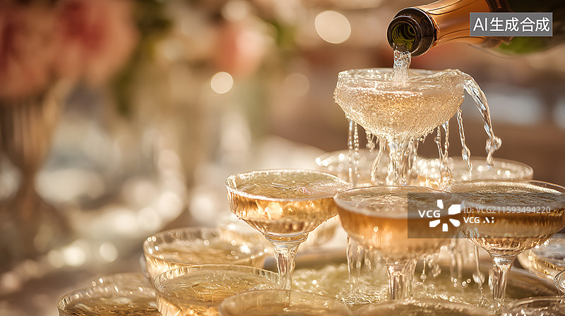 【AI数字艺术】香槟倒入高脚杯塔中图片素材