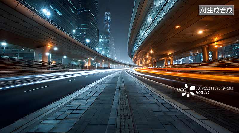 【AI数字艺术】夜间道路车流光轨图片素材