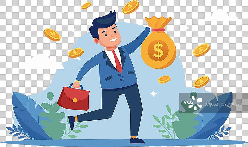 拿着钱袋和硬币的商人图片素材