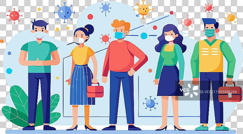 在新冠疫情期间的社交距离和口罩佩戴图片素材