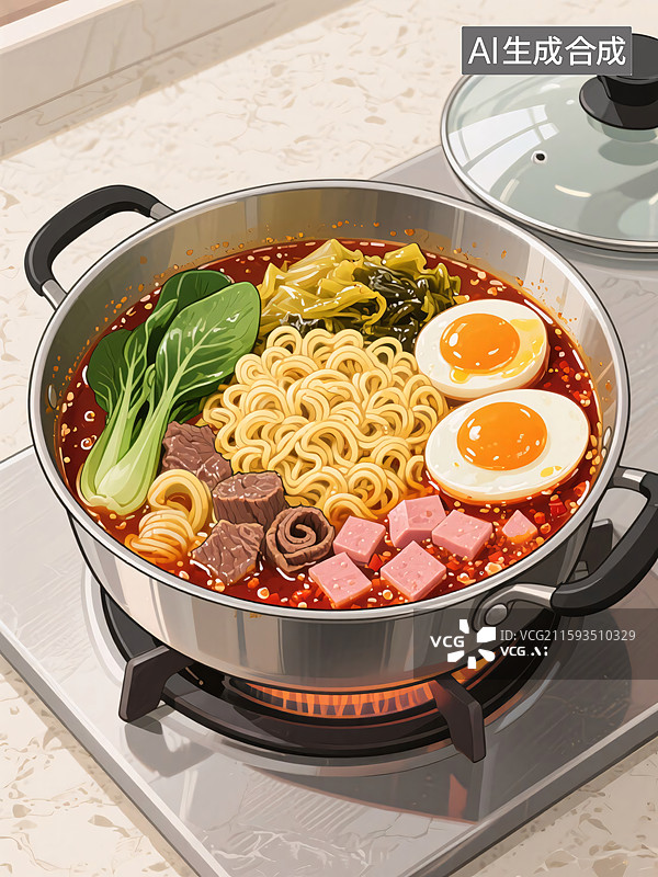 【AI数字艺术】厨房燃气灶上的一碗泡面图片素材