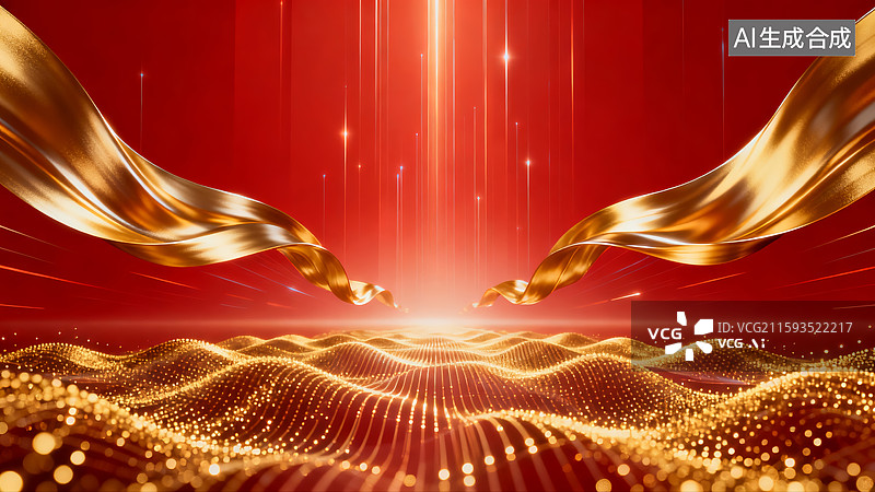 【AI数字艺术】红色背景金色光芒汇聚图片素材