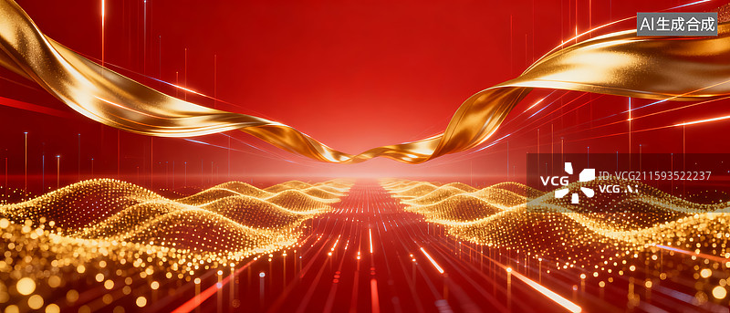 【AI数字艺术】红色背景金色光芒汇聚图片素材