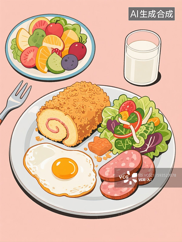 【AI数字艺术】早餐，肉松蛋糕卷，煎蛋，火腿肠片，蔬菜沙拉，水果拼盘，牛奶，手绘漫画图片素材