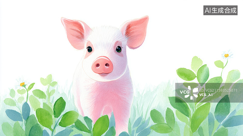 【AI数字艺术】水彩风格的粉色小猪图片素材