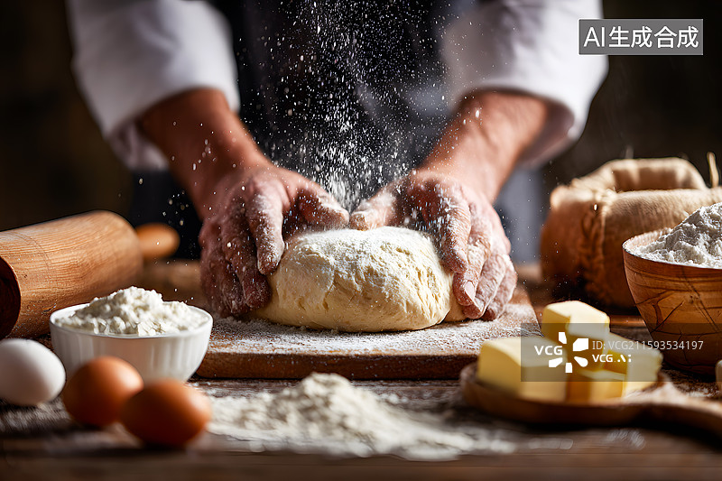 【AI数字艺术】糕点师傅正在厨房里揉面图片素材