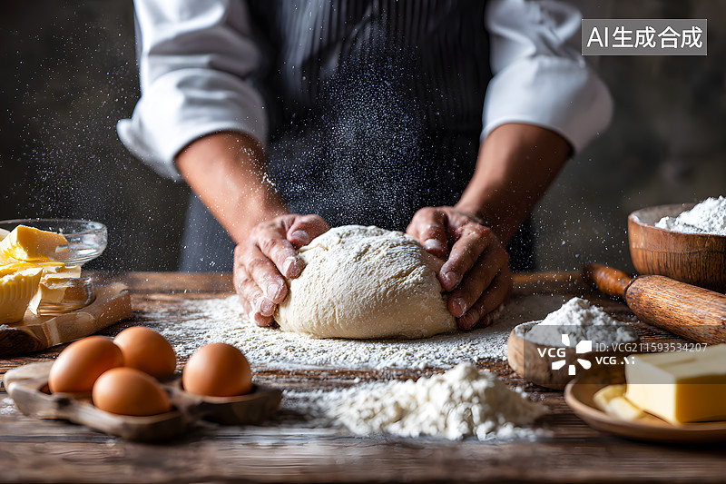【AI数字艺术】糕点师傅正在厨房里揉面图片素材