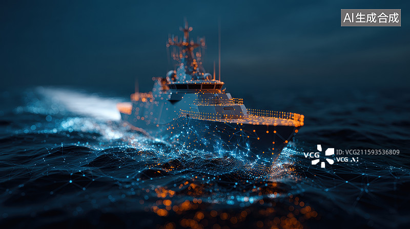 【AI数字艺术】夜海航行的军舰图片素材