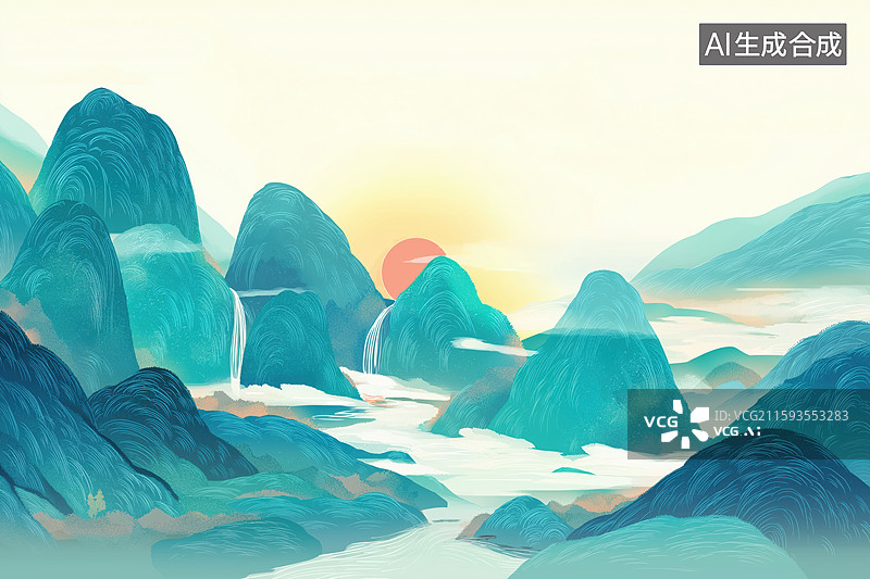 【AI数字艺术】山水日出晨景图片素材