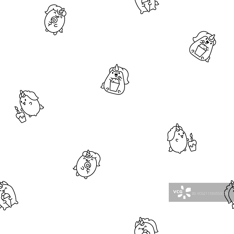 可爱的卡哇伊独角兽无缝图案涂色图片素材