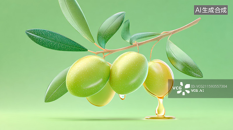 【AI数字艺术】新鲜橄榄枝与滴落橄榄油图片素材