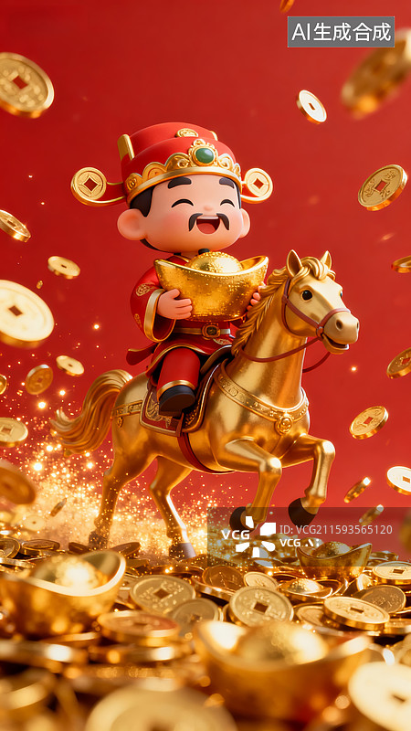 【AI数字艺术】骑马上的卡通财神形象图片素材