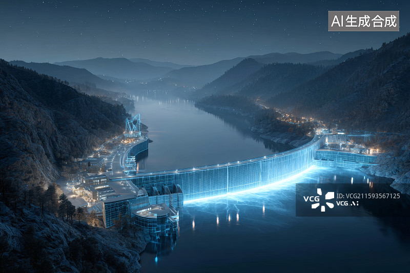 【AI数字艺术】峡谷间的一座水力发电站，大基建图片素材