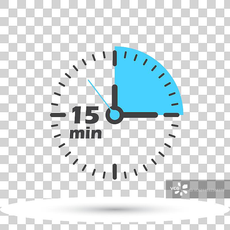 平面风格时钟上的15分钟计时器图标图片素材