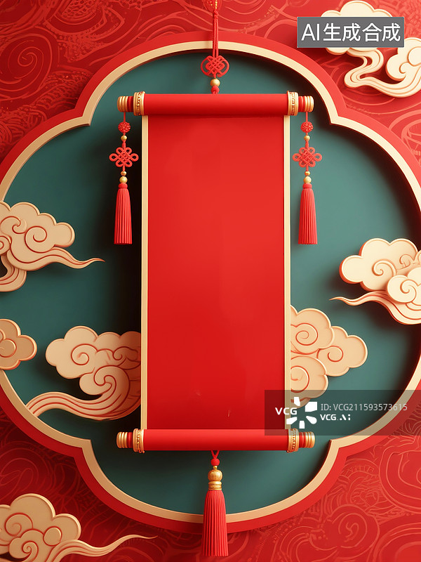 【AI数字艺术】红金色吊牌吊坠背景， 3D渲染新中式国潮风竖向卷轴框架祥云灯笼折扇元素传统节日主题场景深红色背景图片素材