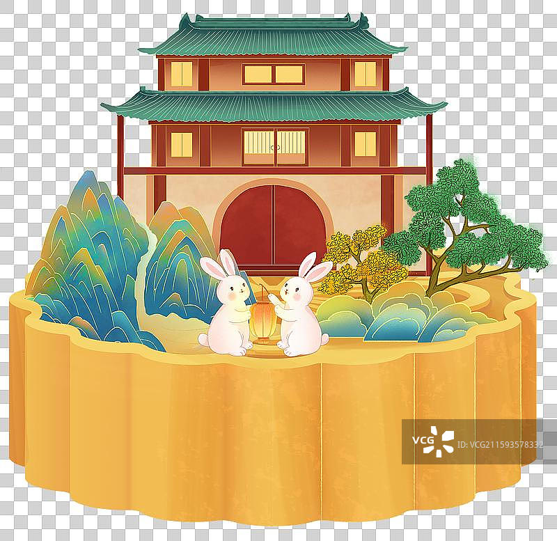 国风中秋节国庆节插画元素 3D渲染的月饼上的节日元素 两只兔子在房屋前庆祝 山和树风景图片素材