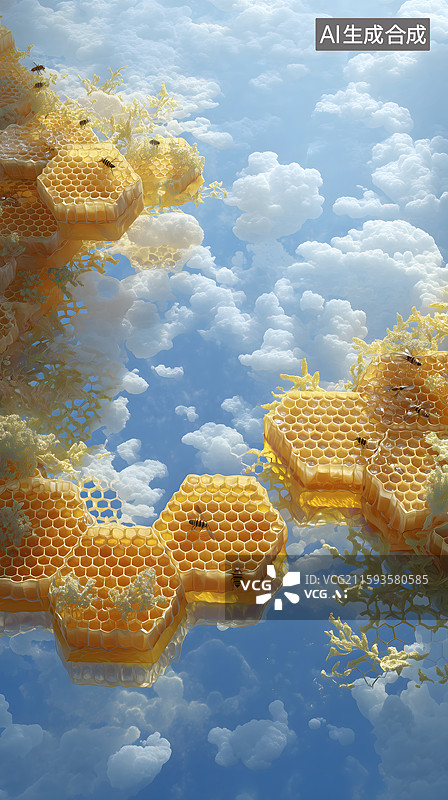 【AI数字艺术】云端蜂巢蜜蜂忙碌图图片素材