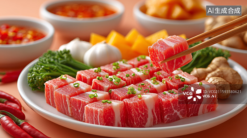 【AI数字艺术】新鲜食材与肉片摆盘图片素材