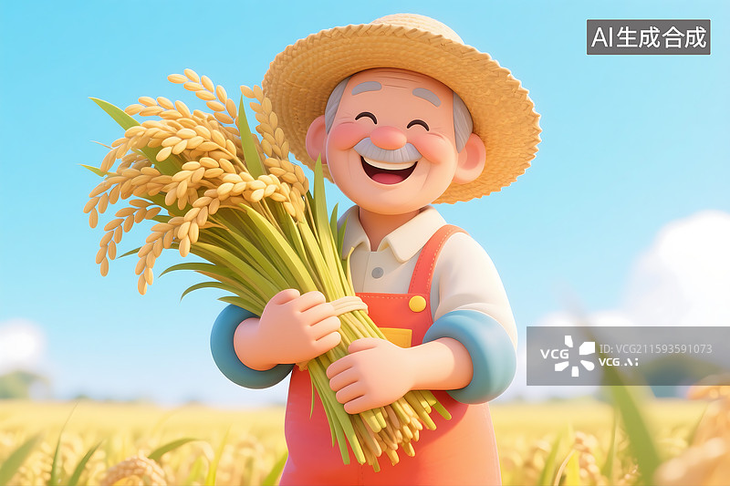 【AI数字艺术】3D三维立体C4D农业男性农民老年人丰收抱着稻穗图片素材