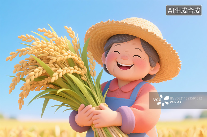 【AI数字艺术】3D三维立体C4D农业女性农民老年人丰收抱着稻穗图片素材